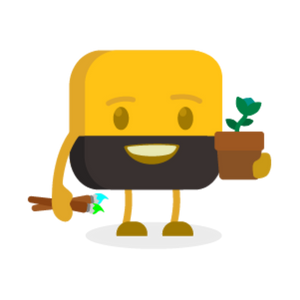 Fadi's buttermoji holding a plant in a hand and brushes for painting in the other
