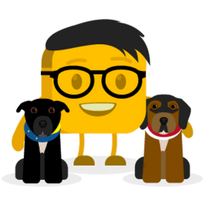Jesse's buttermoji wearing glasses with his 2 dogs beside him