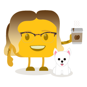 Jacqueline's buttermoji holding a cup of coffee with their dog alongside them