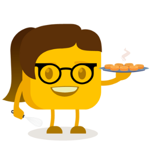 Lyla's buttermoji holding a plate of cinnamon rolls and a whisker in the other hand