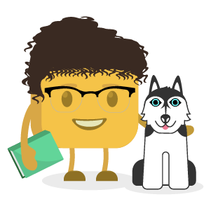 Cathryne's buttermoji holding a book with a black and white dog beside her