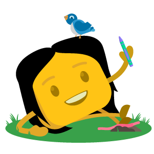 Leyi's buttermoji holding a crayon with a blue bird on her head